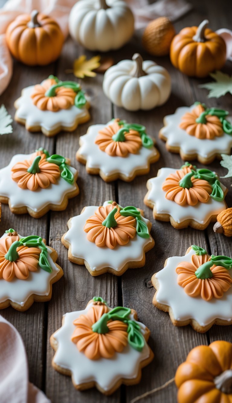 Pumpkin-shaped cookies arranged on a wooden table with baby shower decorations and autumn accents.